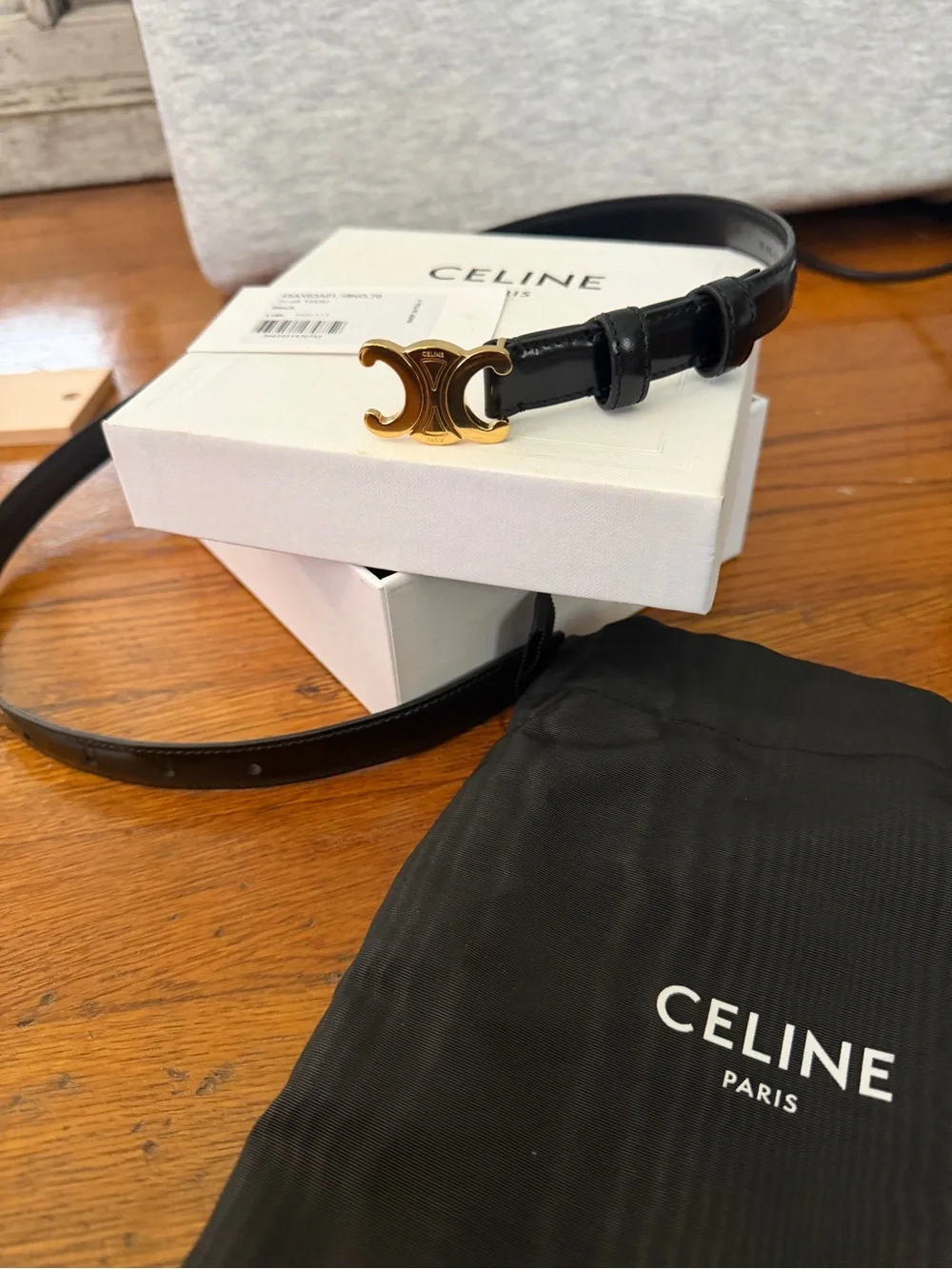 Authentic Celine Black Leather Belt with Gold Triomphe Buckle